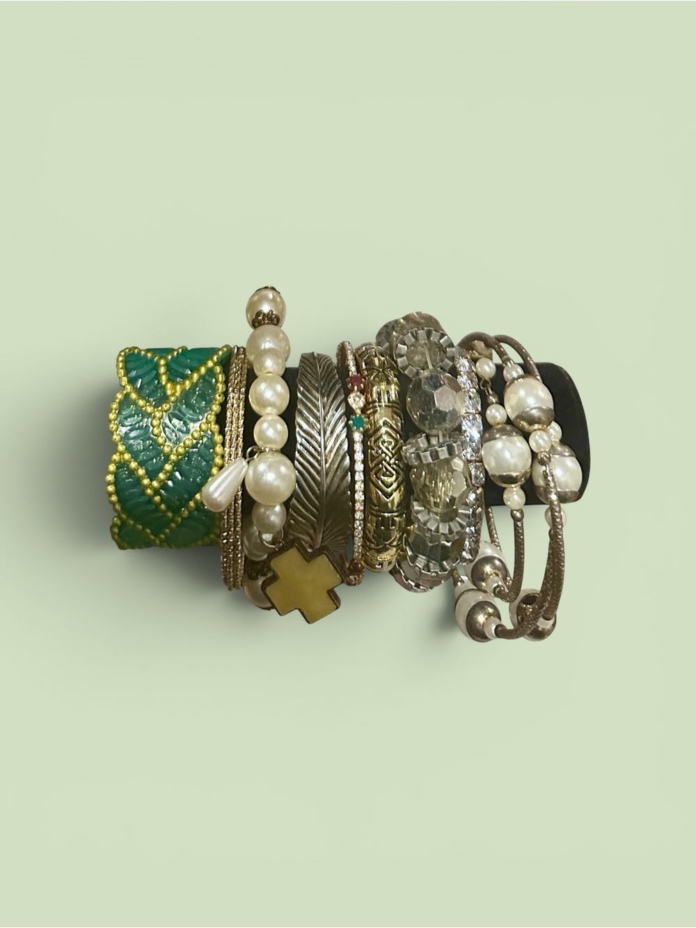 Boho Statement Bracelet Stack Lot Green Cuff Pearl Cross Silver Feather Bangle